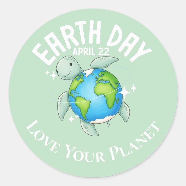 Pegatina Redonda Cute Turtle Earth Day Nature Eco Custom (Anverso)