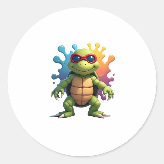 Pegatina Redonda Cute Turtle Wearing Sunglasses Paint Splash Sea An (Anverso)
