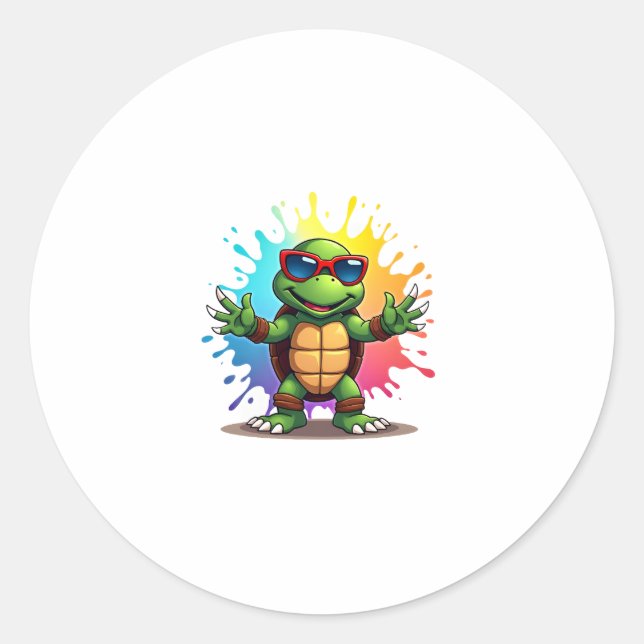 Pegatina Redonda Cute Turtle Wearing Sunglasses Paint Splash Sea An (Anverso)