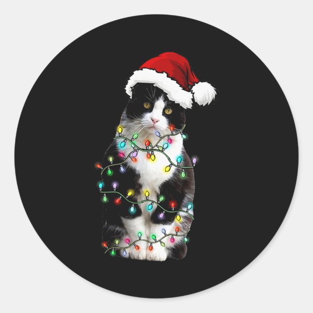 Pegatina Redonda Cute Tuxedo Black Cat Christmas Light Cat Christma (Anverso)