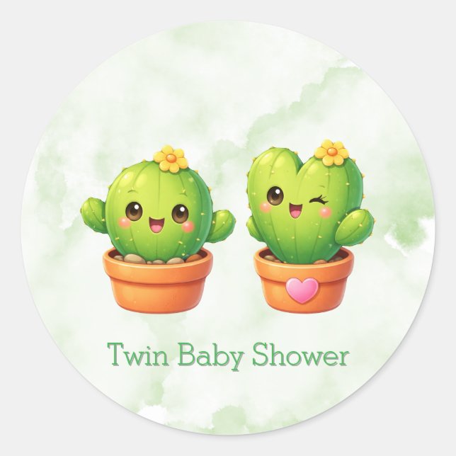 Pegatina Redonda Cute Twin Cactus Baby Shower (Anverso)