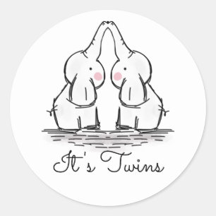 Pegatina Redonda Cute Twin Elephants Baby Shower Classic Round Stic