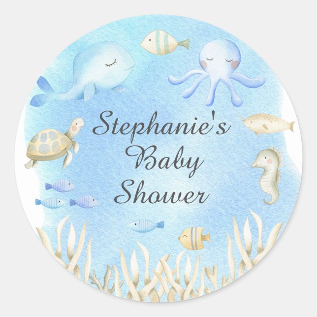 Pegatina Redonda Cute Under the Sea Boys Baby Shower Favor (Anverso)
