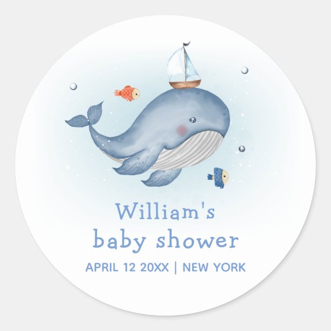 Pegatina Redonda Cute Under the See Whale Nautica Boy Baby Shower (Anverso)