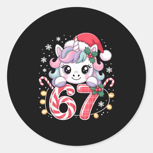Pegatina Redonda Cute Unicorn 67 Christmas Meme Six Seven Christmas (Anverso)
