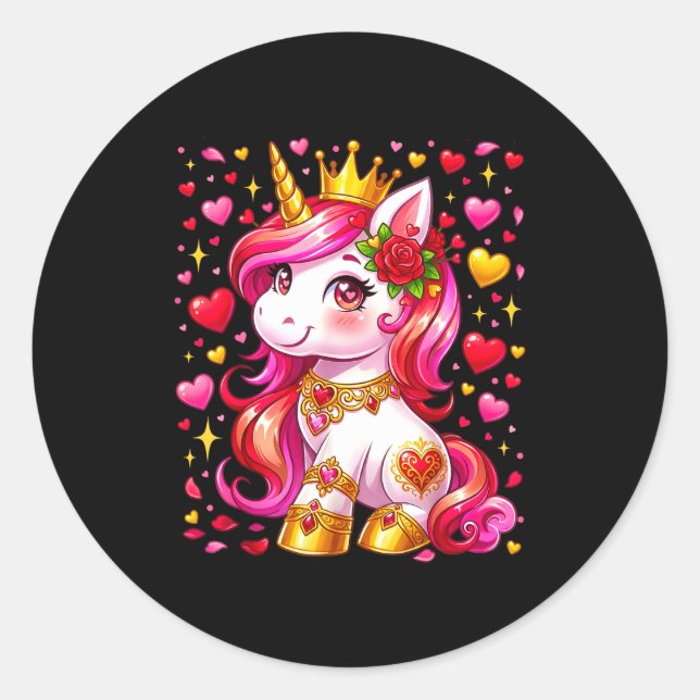 Pegatina Redonda Cute Unicorn Heart Valentines Day Girls Kids Valen (Anverso)