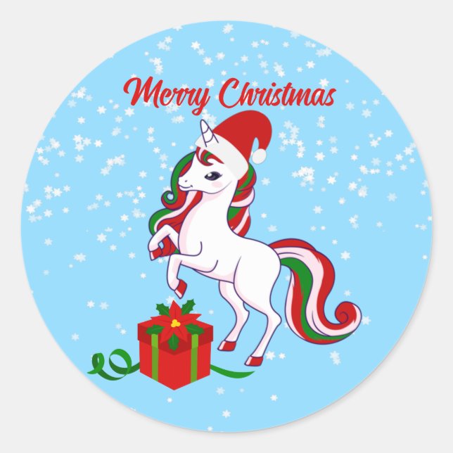 Pegatina Redonda Cute Unicorn Merry Christmas Classic Round Sticke (Anverso)