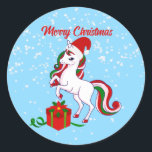 Pegatina Redonda Cute Unicorn Merry Christmas Classic Round Sticke<br><div class="desc">Una encantadora mujer pegatina de vacaciones de Navidades unicornios. Un unicornio mágico con un mané y una cola de color verde, rojo y rosa pálido que presenta un regalo hermoso en una caja roja con una cinta verde y un poinsettia rojo. Un hermoso pegatina para agregar a esos regalos de...</div>