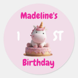 Pegatina Redonda Cute Unicorn On Cake, 1st Birthday Girl, Custom