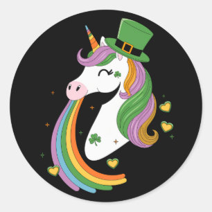 Pegatina Redonda Cute Unicorn Shamrock St Patricks Day Lepricorn