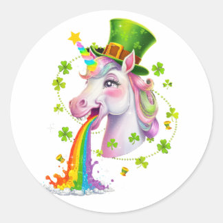 Pegatina Redonda Cute Unicorn Shamrock St Patricks Day Lepricorn
