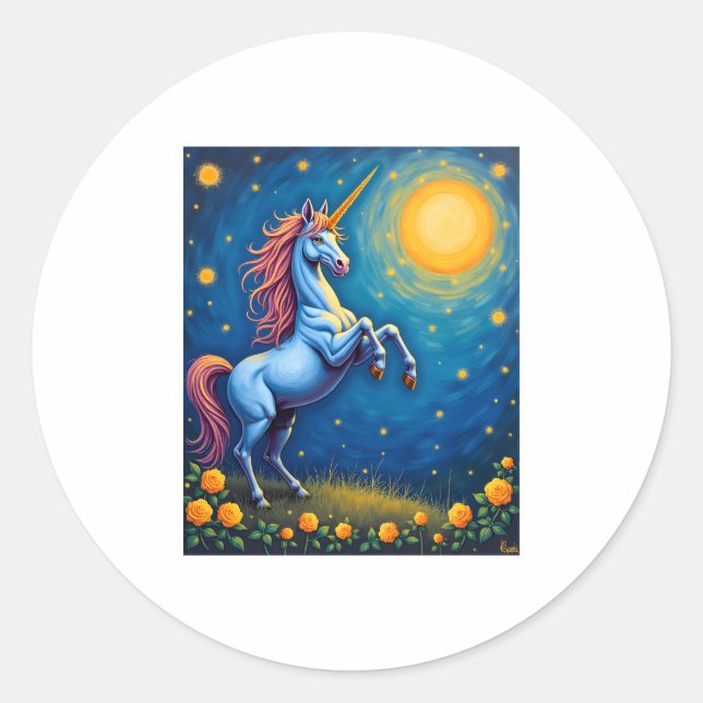 Pegatina Redonda Cute Unicorn Starry Night (4) (Anverso)