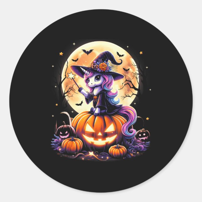 Pegatina Redonda Cute Unicorn Witch Pumpkin Halloween Shirts Girls  (Anverso)