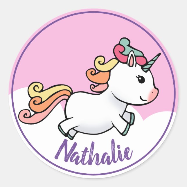 Pegatina Redonda Cute unicornio con nombre (Anverso)