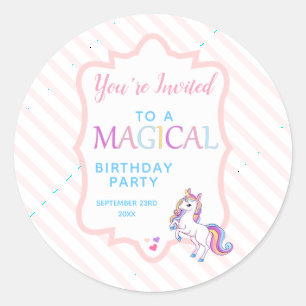 Pegatina Redonda Cute Unicornio Mágico Rosa Te invitamos