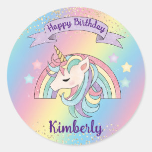 Pegatina Redonda Cute Unicornio Pastel y Glitter Dorado Brillante A