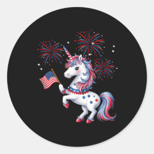 Pegatina Redonda Cute Unicornio Patriótico Americano Fuegos Artific