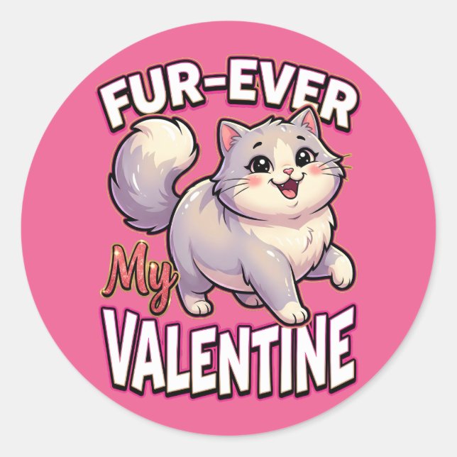Pegatina Redonda Cute Valentine Cat – Fur-Ever My Valentine (Anverso)