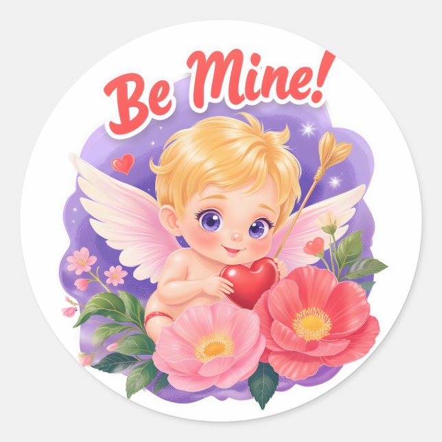 Pegatina Redonda Cute Valentine's Day Cupid with "Be Mine" (Anverso)