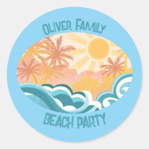 Pegatina Redonda Cute Vintage Beach Waves Sunshine Blue Surf Fiesta