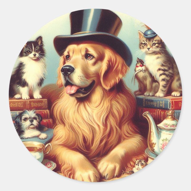 Pegatina Redonda Cute Vintage Dog Pintura (Anverso)