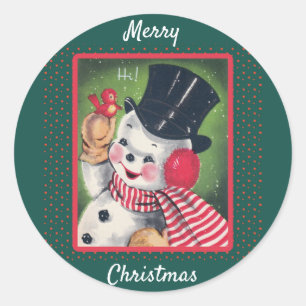 Pegatina Redonda Cute Vintage Muñeco de Nieve Navidad Retro