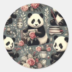 Pegatina Redonda Cute Vintage Panda Floral