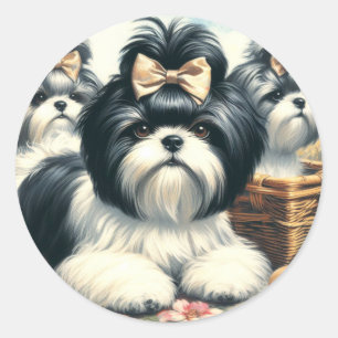 Pegatina Redonda Cute vintage Shih-Tzu Pintura
