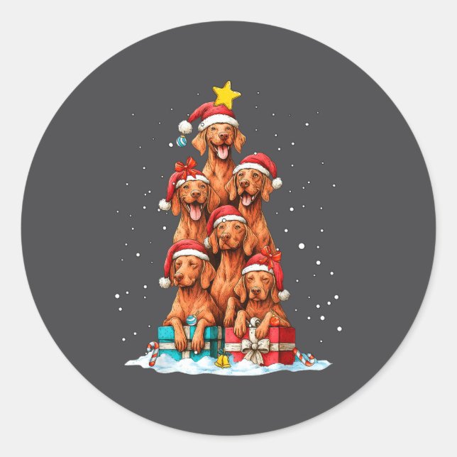 Pegatina Redonda Cute Vizsla Viszla Dog Christmas Tree Xmas Hat  (Anverso)
