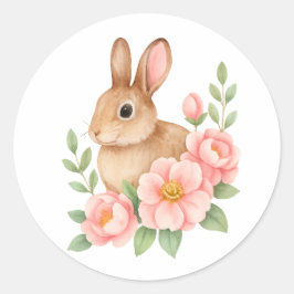 Pegatina Redonda Cute Watecolor Bunny and Pink Flowers Birthday 