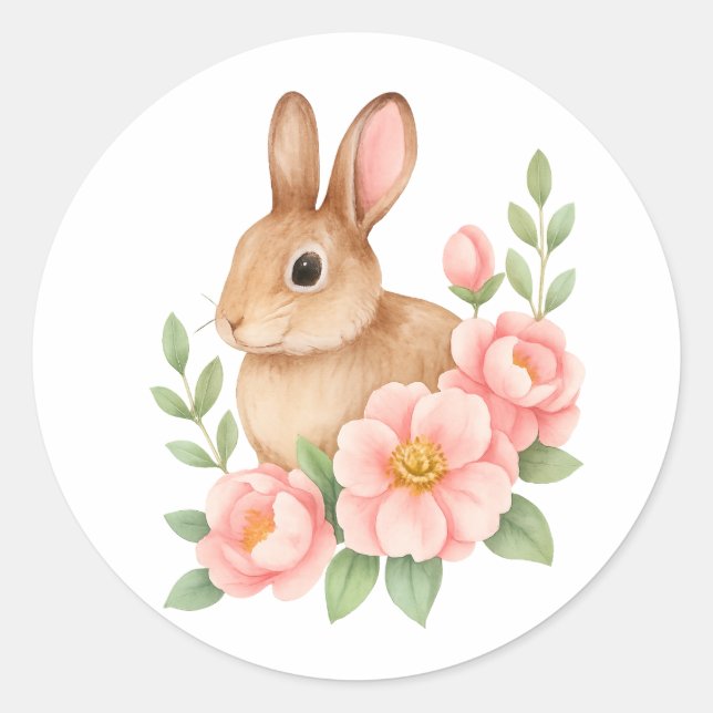 Pegatina Redonda Cute Watecolor Bunny and Pink Flowers Birthday  (Anverso)