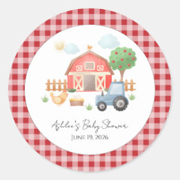 Pegatina Redonda Cute Watercolor Barn Farm Animals Baby Shower