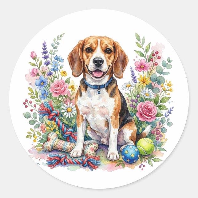 Pegatina Redonda Cute Watercolor Beagle in Flowers (Anverso)