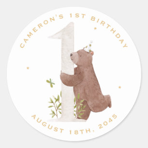 Pegatina Redonda Cute Watercolor Bear Woodland Primera fiesta de cu