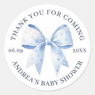 Pegatina Redonda Cute Watercolor Blue Bow Baby Shower Thank You