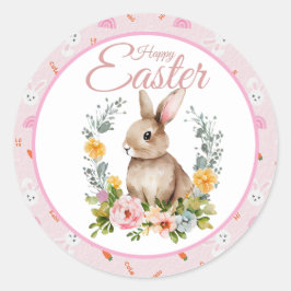 Pegatina Redonda Cute Watercolor Bunny Floral Wreath Easter