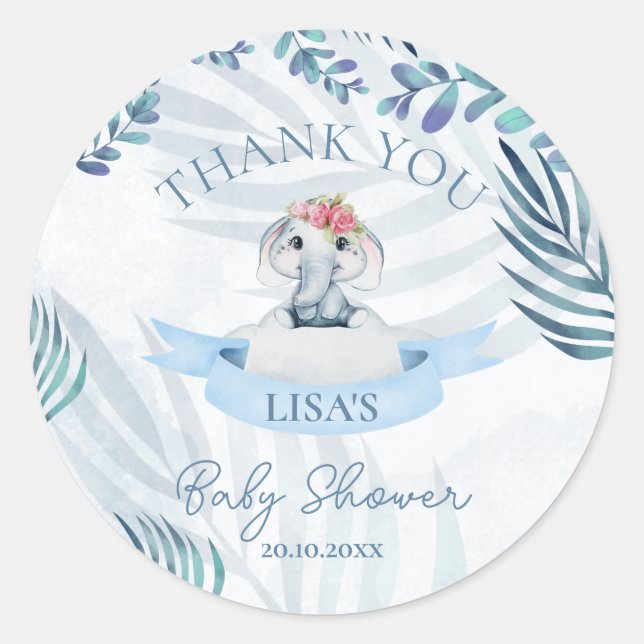 Pegatina Redonda Cute Watercolor Elephant Gracias Baby Shower (Anverso)