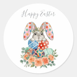 Pegatina Redonda Cute Watercolor Floral Happy Easter Bunny Eggs