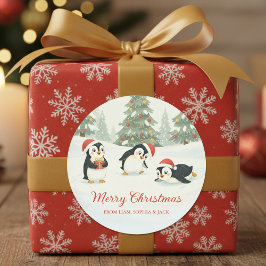 Pegatina Redonda Cute Watercolor Penguins Christmas Forest
