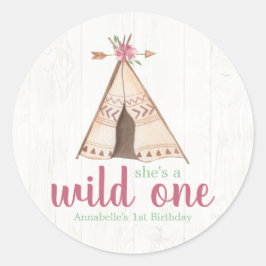 Pegatina Redonda Cute Watercolor Teepee Boho Primer cumpleaños