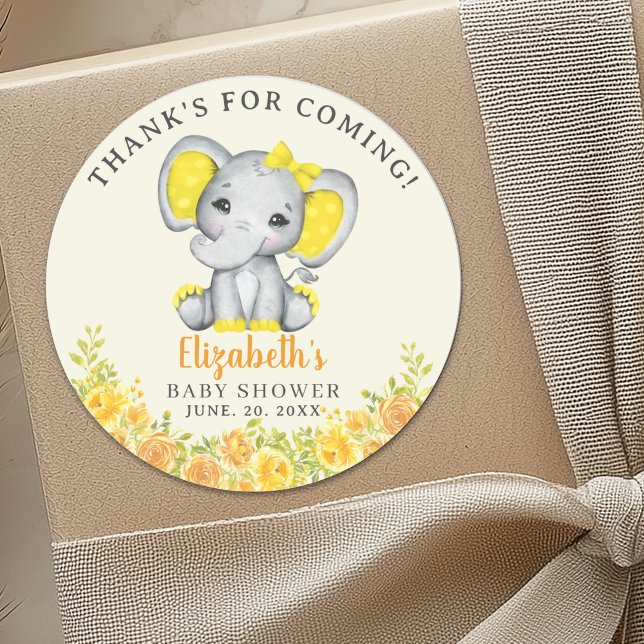 Pegatina Redonda  Cute Watercolor Yellow Elephant Baby Shower (Subido por el creador)