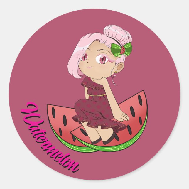 Pegatina Redonda Cute Watermelon Theme Chibi with Sliced Melons (Anverso)
