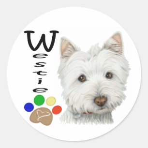 Pegatina Redonda Cute Westie Dog and Paw Art