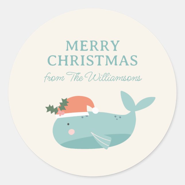 Pegatina Redonda Cute Whale Christmas Holiday Personalized  (Anverso)