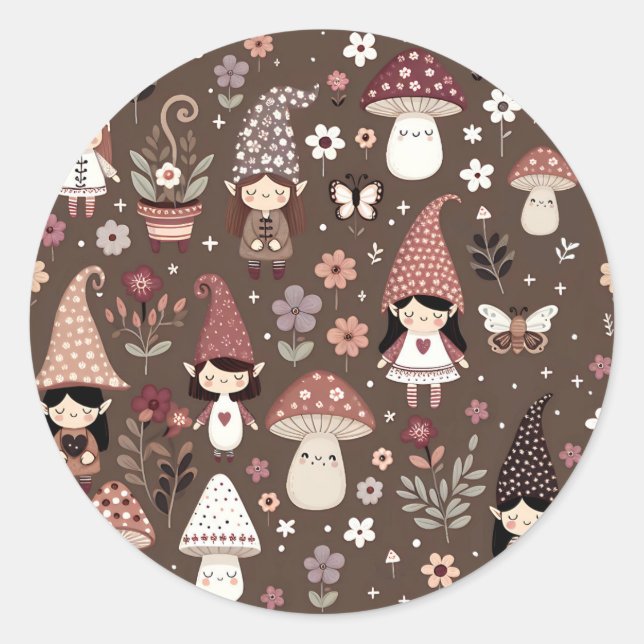 Pegatina Redonda Cute Whimsical Fair Gnomes and Mushrooms   (Anverso)