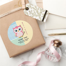 Pegatina Redonda Cute Whimsical Pink Owl Baby Shower