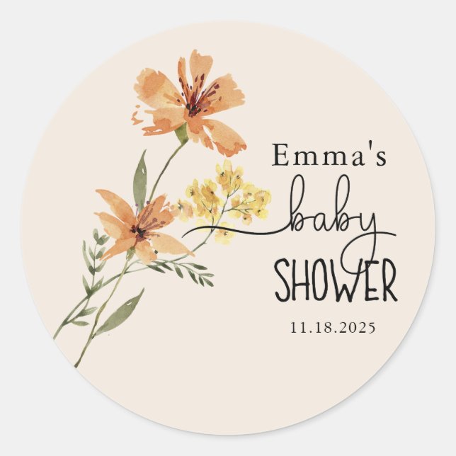 Pegatina Redonda Cute Wildflower Baby Shower (Anverso)