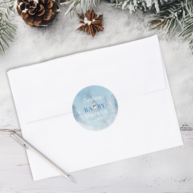 Pegatina Redonda Cute Winter Bear Blue Baby Shower (Subido por el creador)
