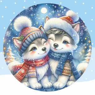 Pegatina Redonda Cute Winter Dogs Husky Puppies Navidades 20 focas