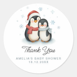 Pegatina Redonda Cute Winter Penguin Family Navidades Baby Shower
